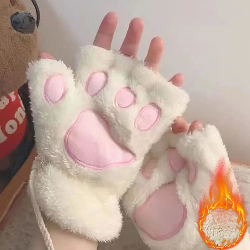 الشتاء القط باو أفخم قفازات لينة الدافئة أصابع القفازات لطيف رقيق الدب مخلب نصف اصبع قفازات للفتيات هدية الكريسماس
