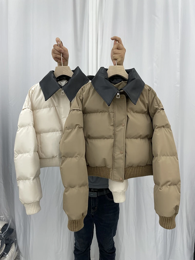 Leather Lapel Down Jacket Women\'s Short New Korean Patchwork White Duck Down Coats 2023 Winter Thicked Warm Loose Coat