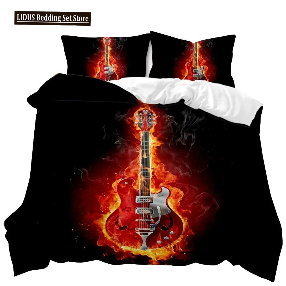 

Guitar Duvet Cover Set Electric Guitar In Burning Musical Creativity Concept Music Double Queen King Size Polyester Qulit Cover