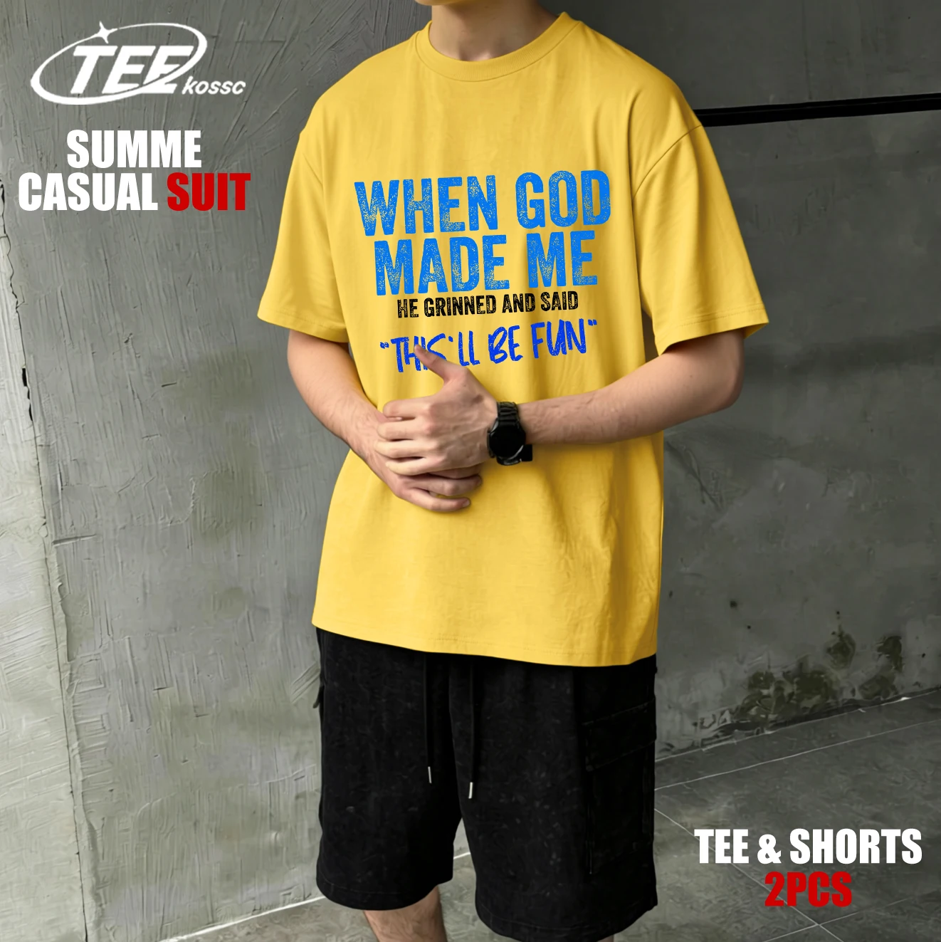 

Футболка с принтом «Когда Бог сотворил меня», мужская свободная хлопковая футболка, модный летний костюм с короткими рукавами, универсальные шорты в стиле хип-хоп с карманами
