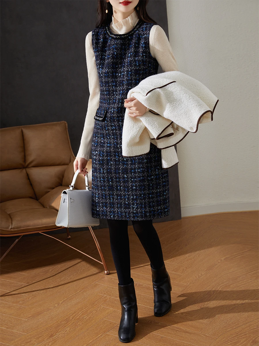 

Женское твидовое платье-жилет Chenyun Small Fraance Sle Thi, маленького размера, весеннее, с завышенной талией, А-силуэт, для стройности фигуры