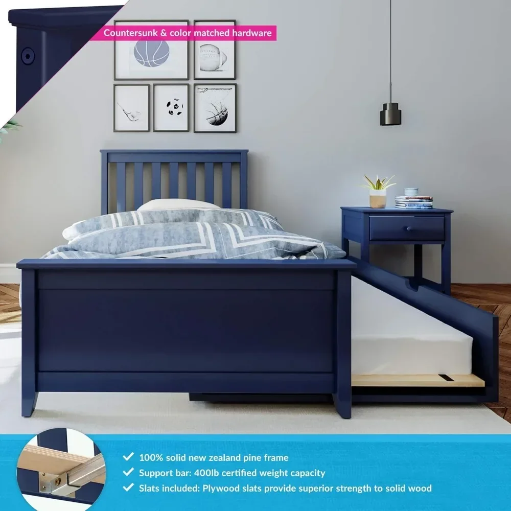 Twin Bed, Wood Bed Frame with Headboard For Kids with Trundle, Sturdy & Stable, Functional,  Modern Design, Slatted, Blue