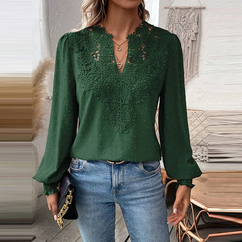 Herfstmode Nieuwe V-Hals Kanten Patchwork Shirts Dames Effen Kleur Pendelen Elegante Lange Mouwen Kantoorfeestblouses Pullovers