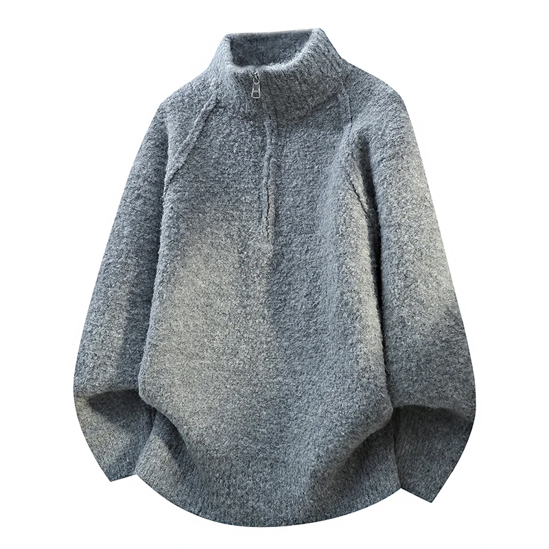 

Мужской зимний утепленный вязаный свитер с высоким воротником, повседневный, свободного кроя, на молнии, винтажный, комфортный, мягкий, из полиэфирного волокна