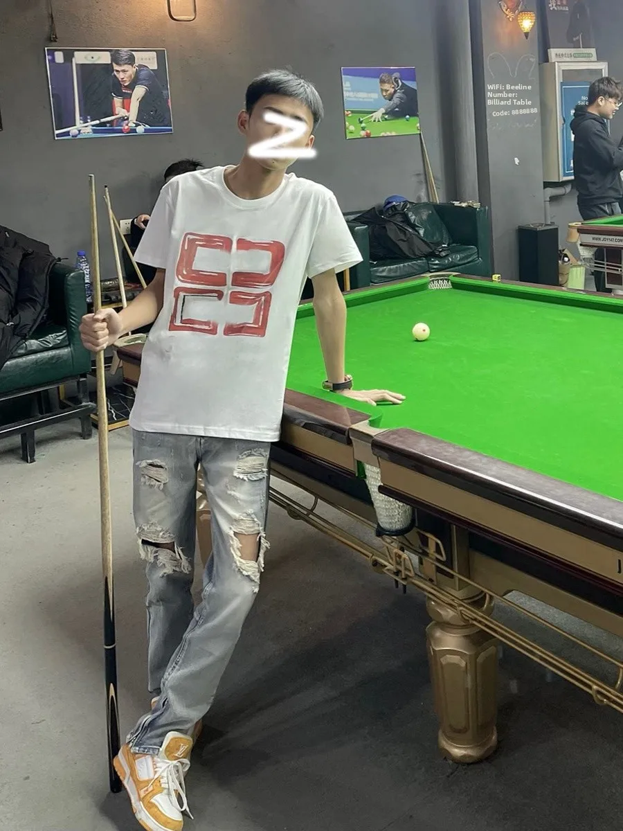 

Men's Summer Ripped Denim Jeans Casual Slim Fit Straight Leg Zipper Decorated Long Pants Youth Faion Wear All Seasons