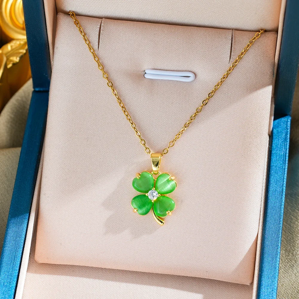 

Ожерелье из титановой стали диаметром 2025 года с слегка инкрустацией из настоящего золота «кошачий глаз» с четырьмя листами цветка, модная женская костяная цепочка