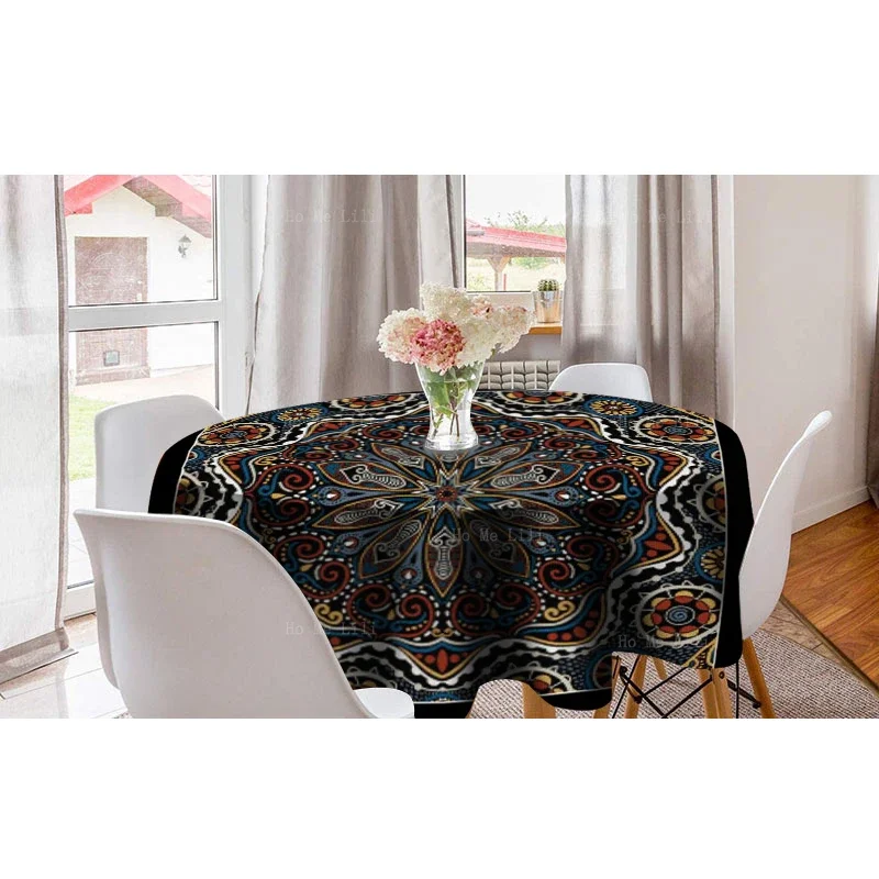 Ornamental Circle Lace Pattern Huichol Spirit Sun Deer Yarn Painting Mandala Round Tablecloth By Ho Me Lili Tabletop Decor