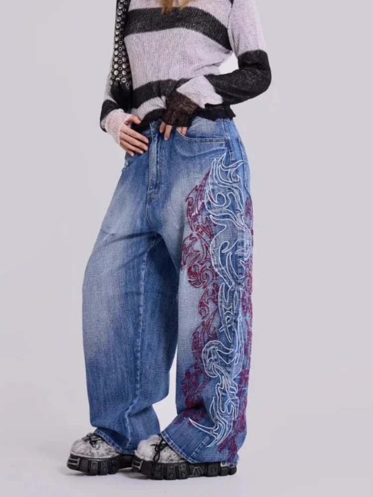 HOUZHOU Y2k グラフィック刺繍ヴィンテージ女性ジーンズ特大ヒップホップアメリカンスタイルストリートワイドレッグデニムパンツ原宿