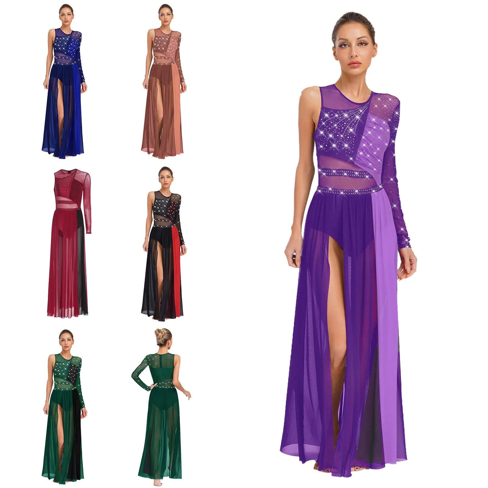 Vrouwen Lyrische Steentjes Ballet Ballroom Walsdansoutfits Sheer Mesh Hedendaags Ballet Stage Performance Dansjurk