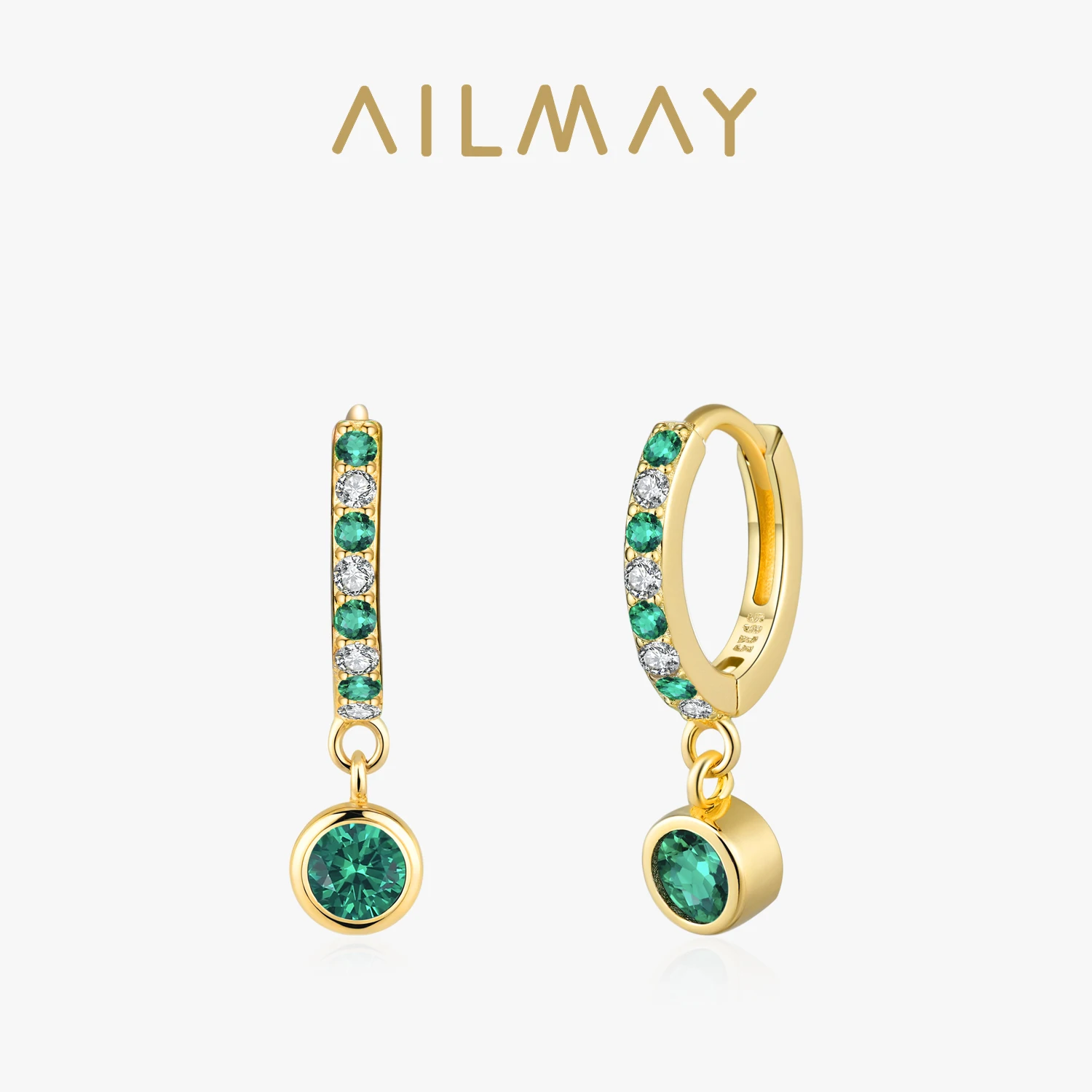 

Ailmay 925 Sterling Silver Green Zirconia Plated Gold Hoop Drop Earrings For Women Girls INS Style Party Birthday Jewelry