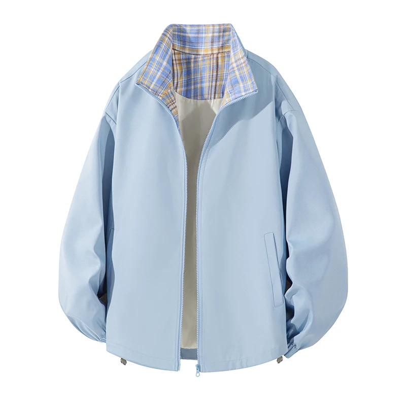 Women Reversible Jacket Plaid Collar Zip Up Loose Windbreaker Casual Long Sleeve Stand Collar Coat Vintage Streetwear Female Out