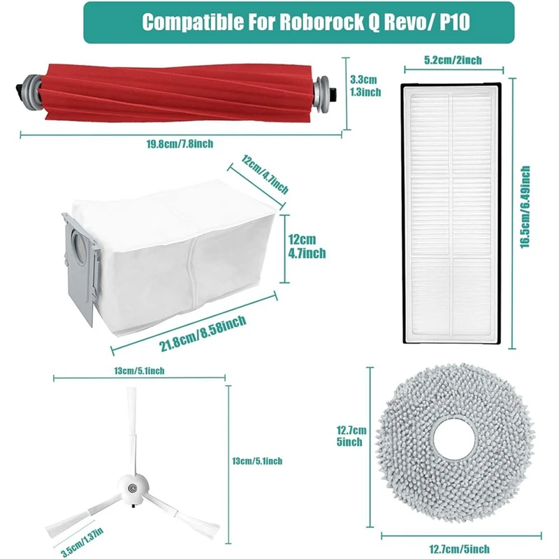جزء بديل لمكنسة كهربائية روبوت ، مناديل فرشاة رئيسية ، أكياس غبار ، فرش جانبية ، مجموعة ملحقات لروبوروك كيو ريفو ، P10