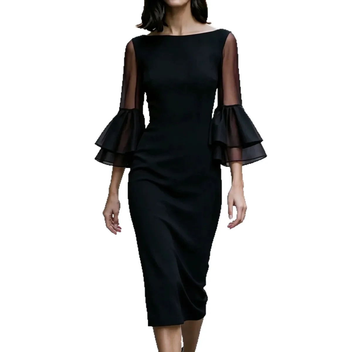 Boat Neck Sheer Mesh Double Layer Flare Three Quarter Sleeve Slim Midi Pencil Dress Women Elegant dress