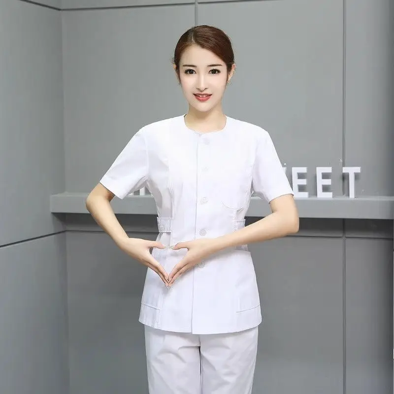 Collarless nurse uniform short sleeved women oral dental work uniform medical Nursing scrub sets Hospital Beauty Salon workwear