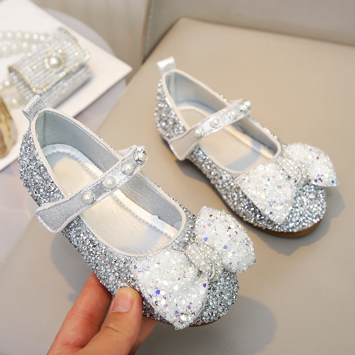 Kids Princess Shoes Bow Diamond Pearl Decoration Breathable Soft Sole Flat Casual Comfort Lightweight Durabl Children's Shoes