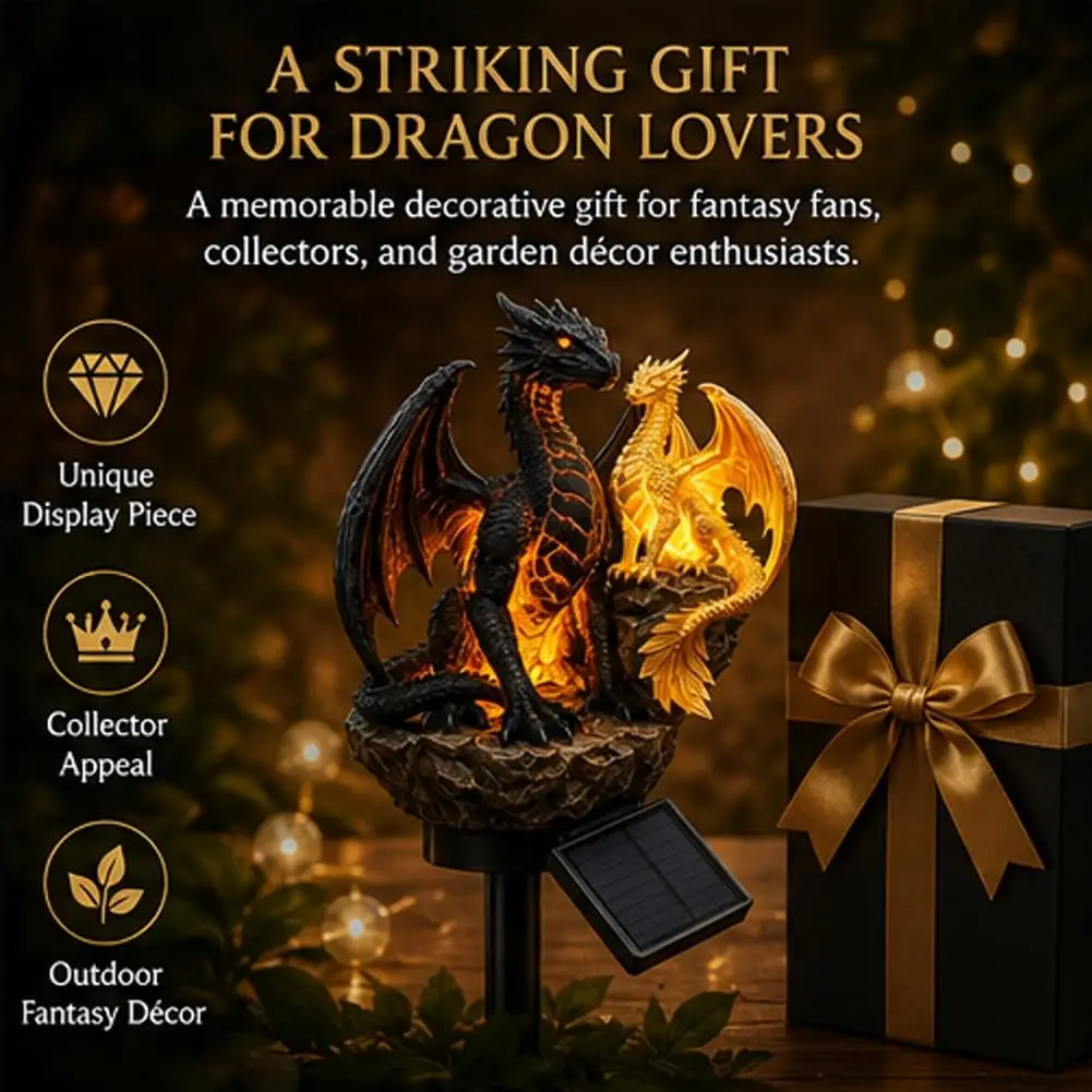 Solar Dragon Statue Light with Warm Amber Glow Resin Gothic Garden Decor for Patio