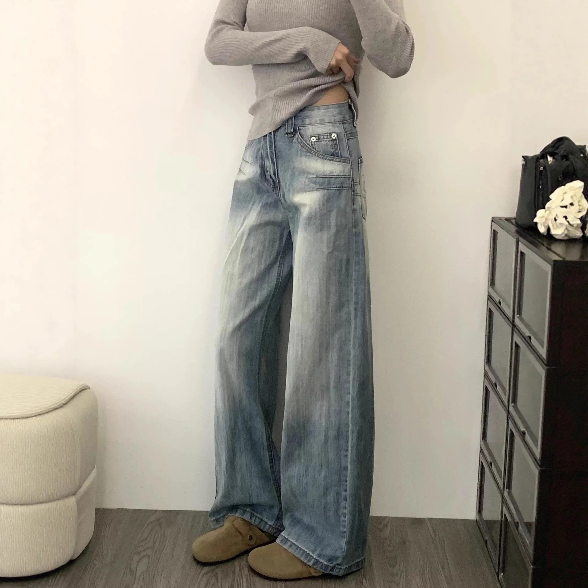Women's American Vintage Washed Loose Straight-leg Jeans, Drapey Wide-leg Floor-grazing Denim Straight Pants