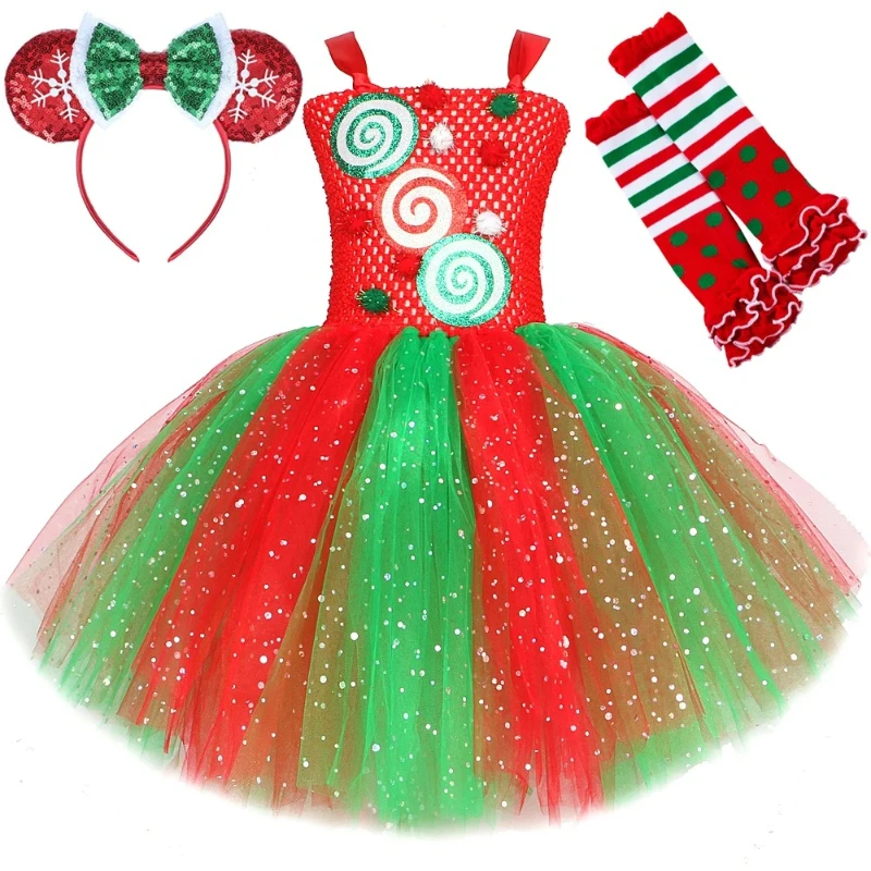 Sparkly Red Green Candy Costumes for Girls Xmas Party Outfit Twinkle New Year Clothes Kids Christmas Sequin Tutu Dress with Bow