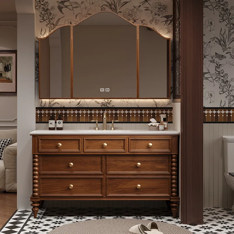 Factory Direct 2026 American medieval style bathroom cabinet combination floor-to-ceiling French retro washbasin toilet washbasi