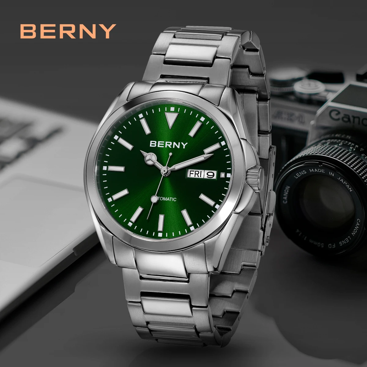 BERNY Automatikuhren für Herren, superleuchtend, Datum und Woche, mechanische Herrenuhr, komplett aus Edelstahl, Armbanduhr NH36, Saphir – Detail 16