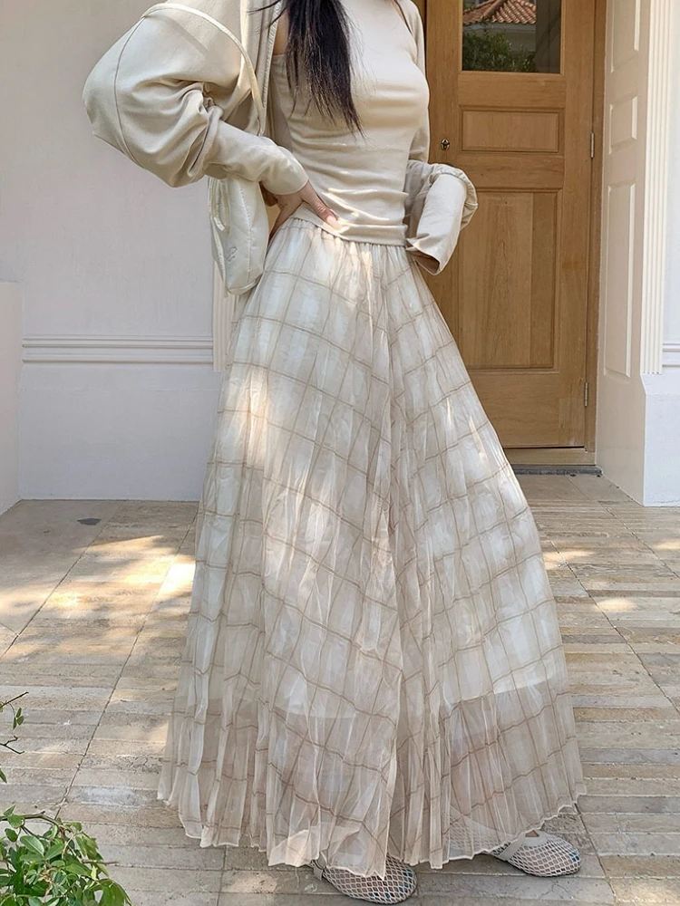

2026 Spring Summer Wrinkled Pleated Skirt Women Mesh Skirt Korean Casual High Waisted A-Line Plaid Long Skirt Midi falda plisada