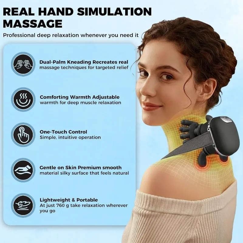 Black 4D Bionic Finger Neck Shoulder Massager Trapezius Neck Cervical Kneading Massage Shawl Brushless Motor Neck Masajeador