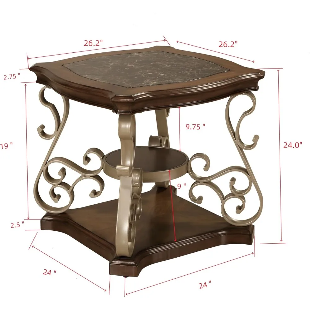 Large 26.2 Two-Tier Square Marble Top Coffee Table with Birch Shelf and Metal Legs for Bedroom Storage.