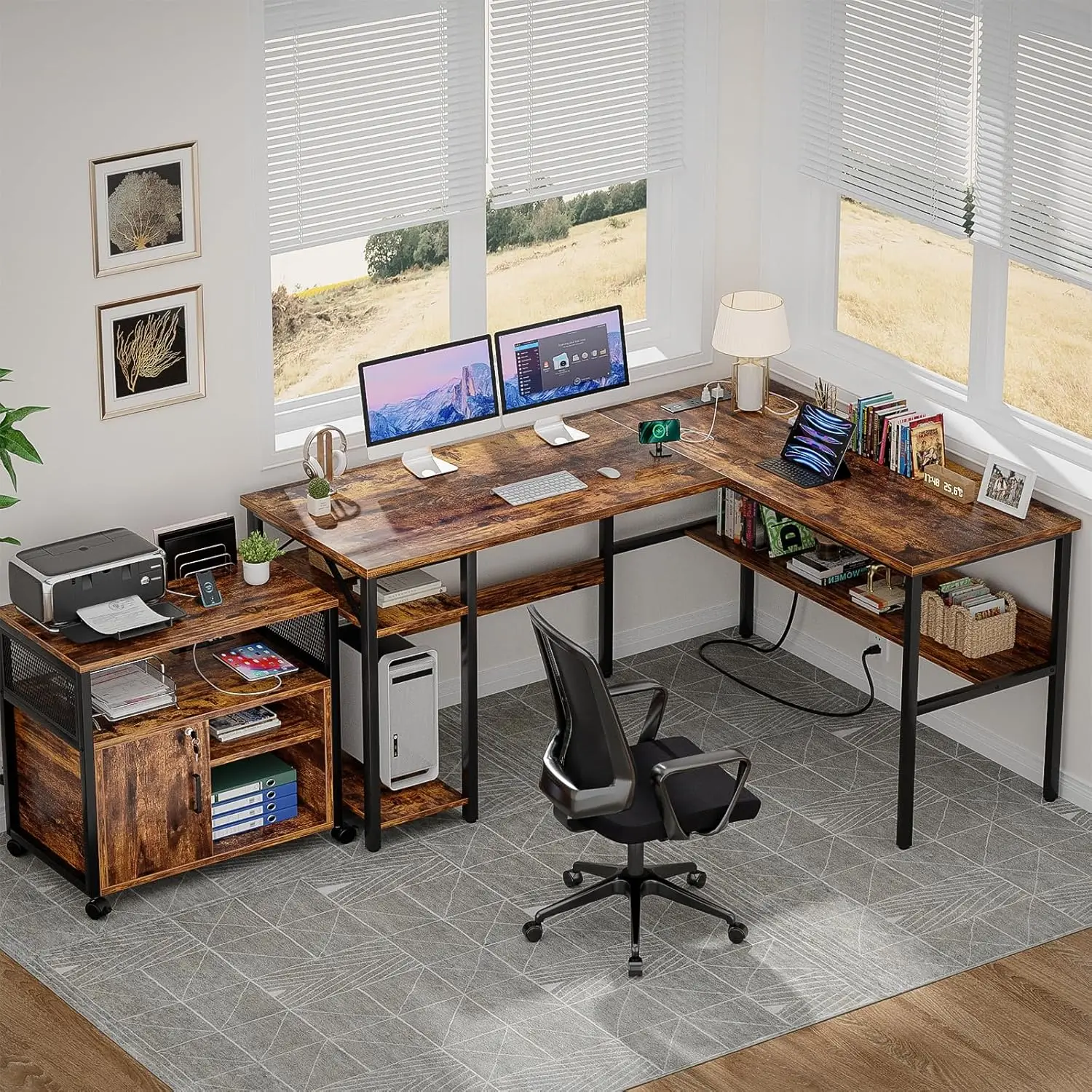 L Shaped Computer Desk with Magic Power Outlets and USB Charging Ports, Sturdy Reversible Corner Desk with Storage Shelves