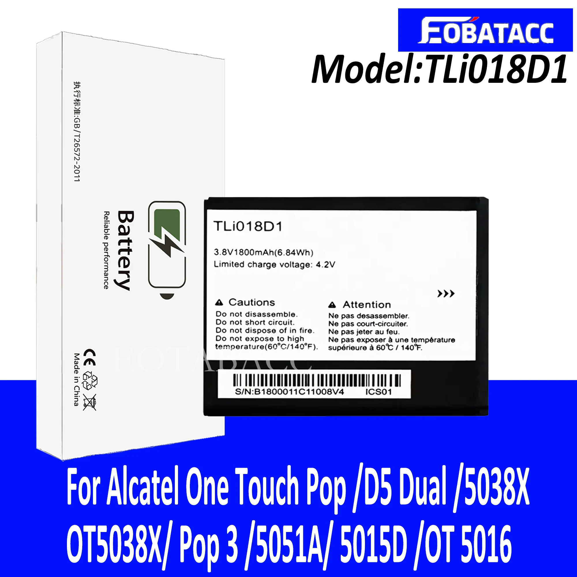 

EOTABACC High Quality 100% Original Battery TLi018D1 For Alcatel One Touch Pop D5 Dual 5038X OT5038X Pop 3 5051A 5015D OT 5016 S