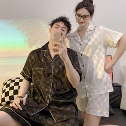 Korean Couple Pajamas Suit Men Women Summer Ice Silk Thin Sleepwear Short-sleeved Home Clothing Lovers Loungwear Male Female