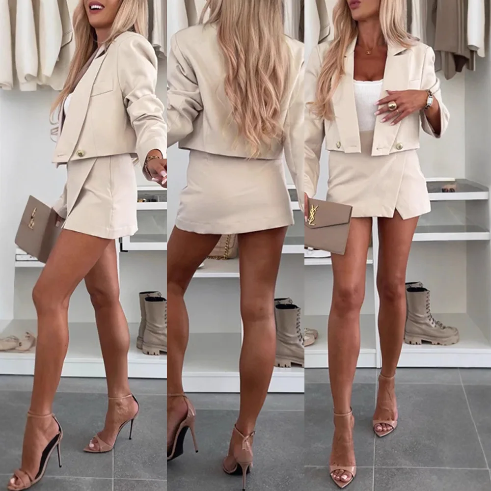 

Women 2 Pieces Outfit Long Sleeve Turn-down Collar Blazer and Casual Faux Two Piece Slit Skort Set