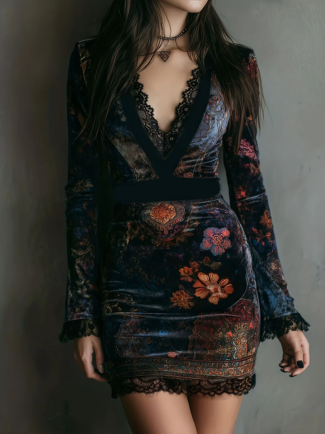 Velvet Bodycon Mini Dress V‑Neck Lace Trim Long Sleeve Vintage Floral Print Slim Fit Elegant Short Party Evening Club Dres