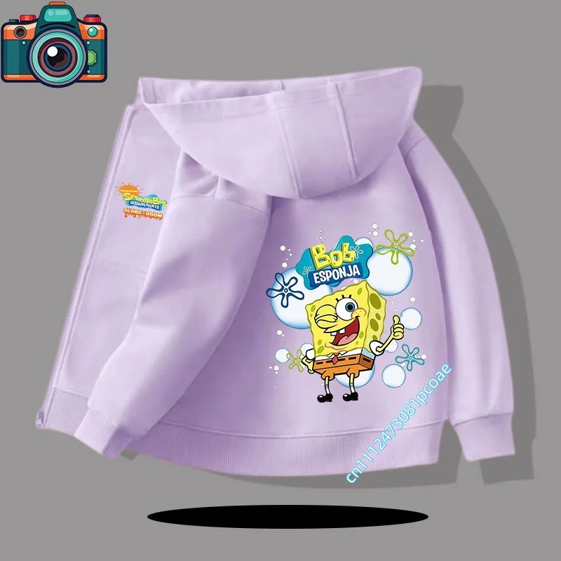 New SpongeBob SquarePants children's hooded sweatshirt for boys, girls' casual top with cartoon print and zipper closure coat