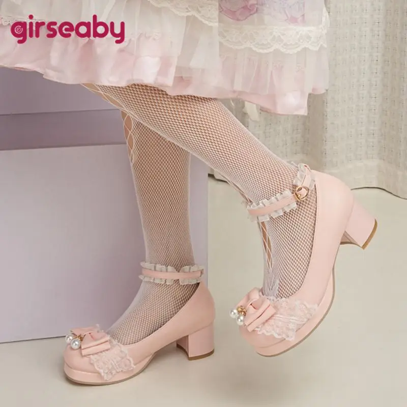 Girseaby 2024 New Lolita Style Sweet Girls Pumps 28 29 Round Toe Chunky Heel Platform Bowknot Beads Buckle Strap Big Size 47 48