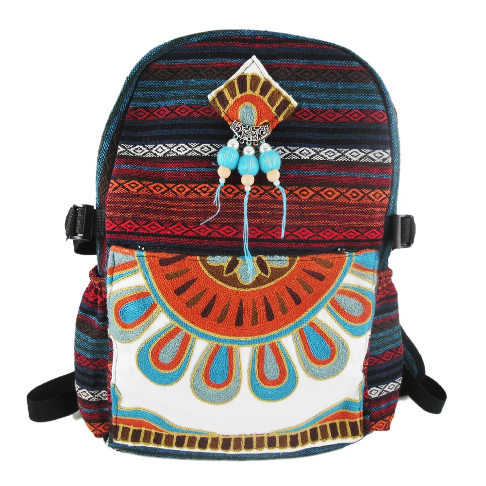Tribal Vintage Hippie Colorful Travel Backpack Bag For Women Embroidery Pom Charm Hmong Ethnic Bohemian Boho Rucksack SYS-601