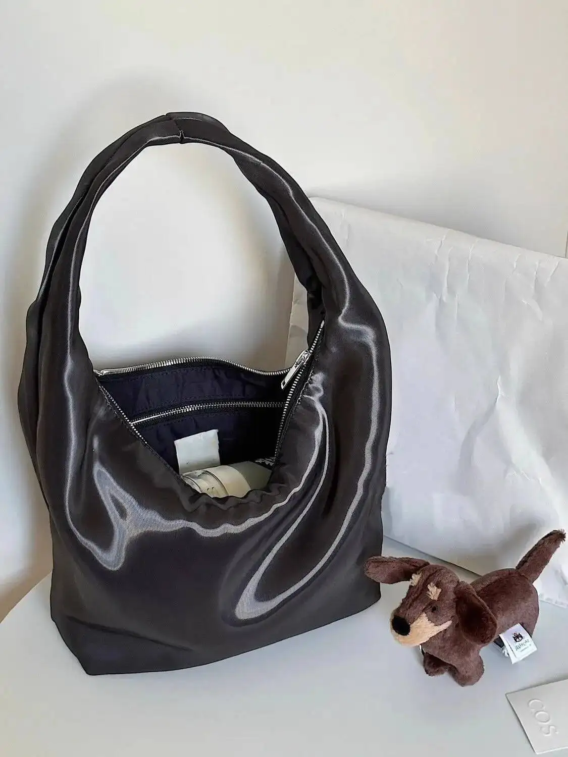 

Bloom Vintage Black Handbag Women High Street Nylon Zipper Chic Casual Shoulder Bags Purse Female Large Capacity Tote Bag Y2k