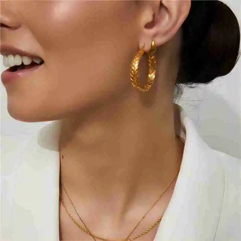 Beliebtes Design Geometrisch Strukturierte Runde Chunky Creolen 18k Vergoldet 316L Edelstahl Weizen-Creolen – Detail 1