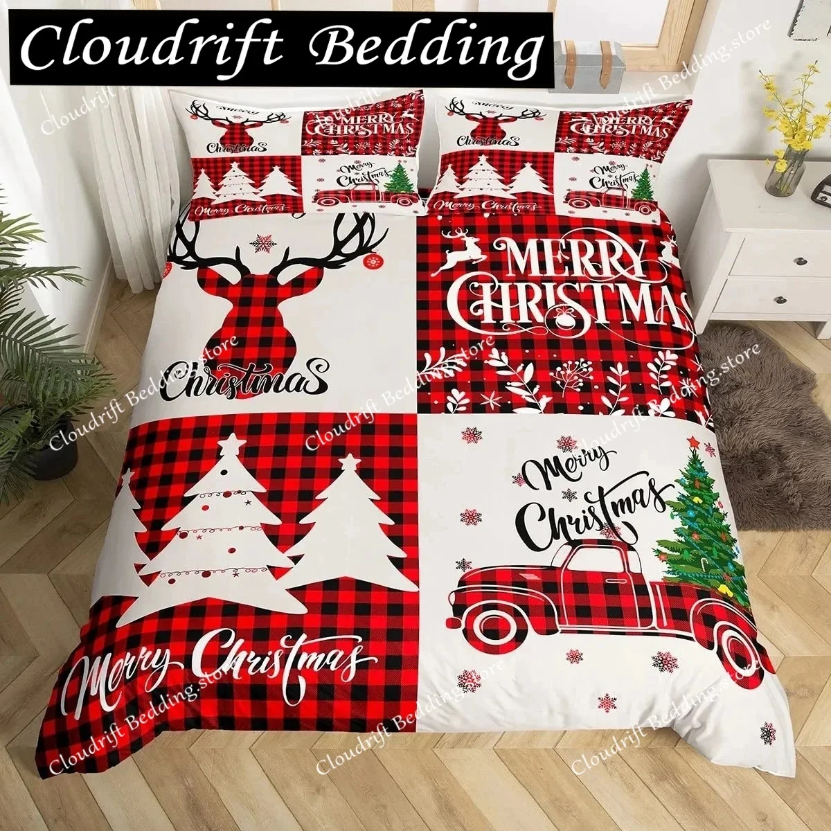 Merry Christmas Duvet Cover Set,Red Buffalo Checked Rustic Truck Comforter Cover,Plaid Xmas Tree Elk Deer Snowflake Bedding Sets