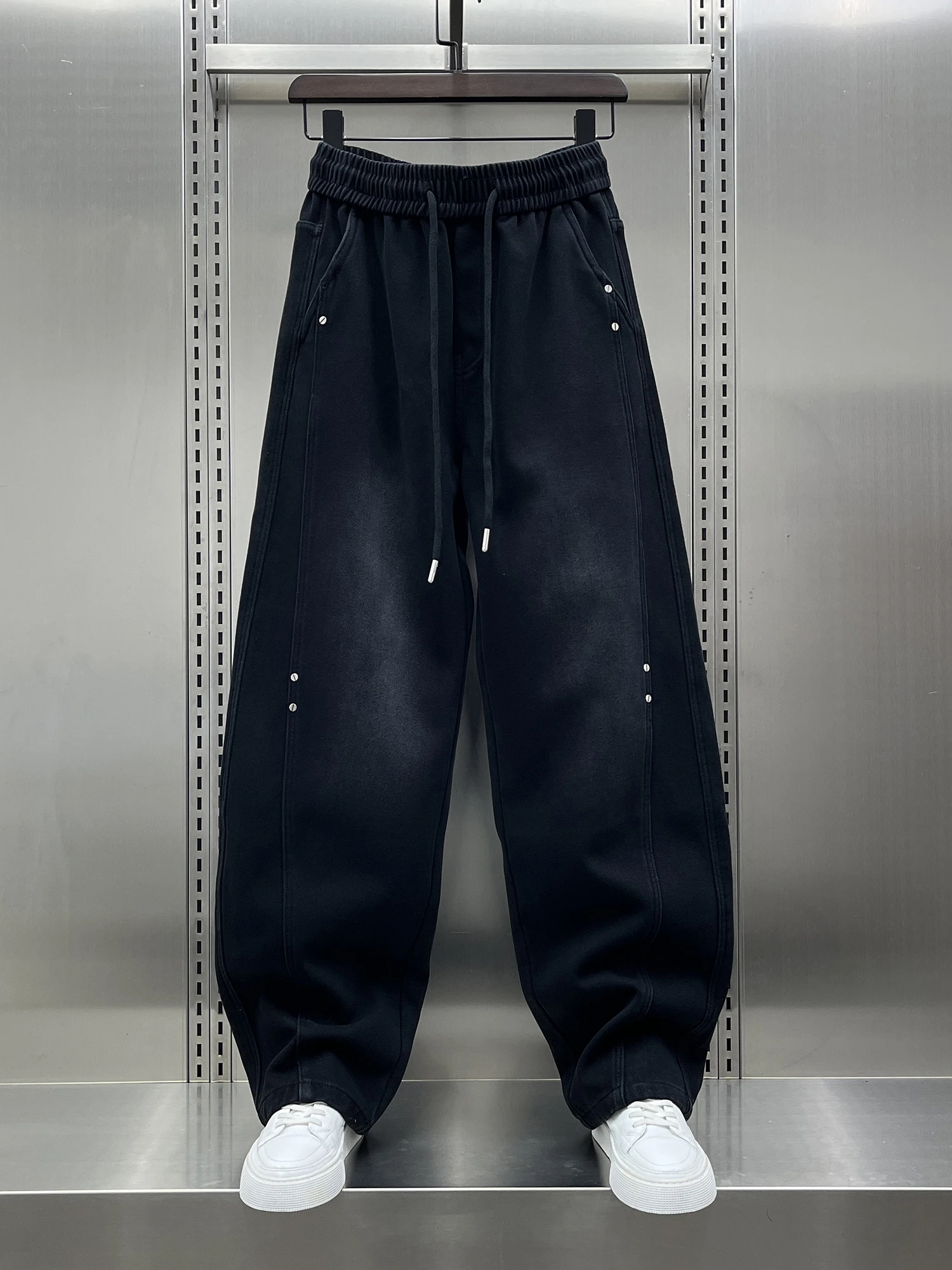 

Waed Fce Lined Thi Men's Jeans High Street Sle Rivet Design Splicing Long Trousers Autumn Winter Korean Version