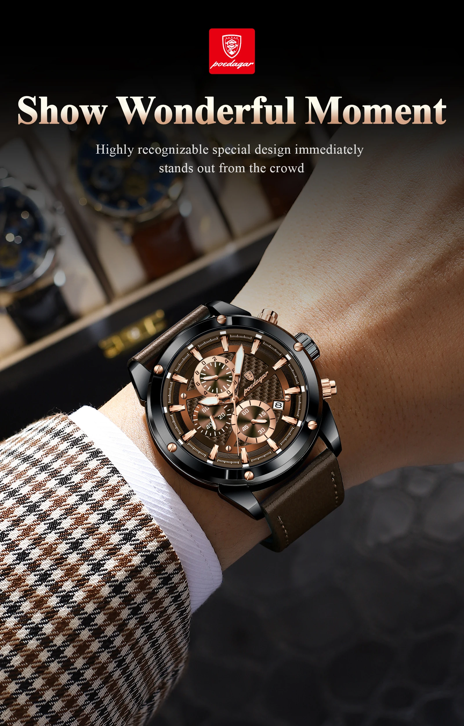 POEDAGAR High Quality Quartz Man Clock Waterproof Luminous Chronograph Date Men Wristwatch Leather Luxury Business Men's Watches