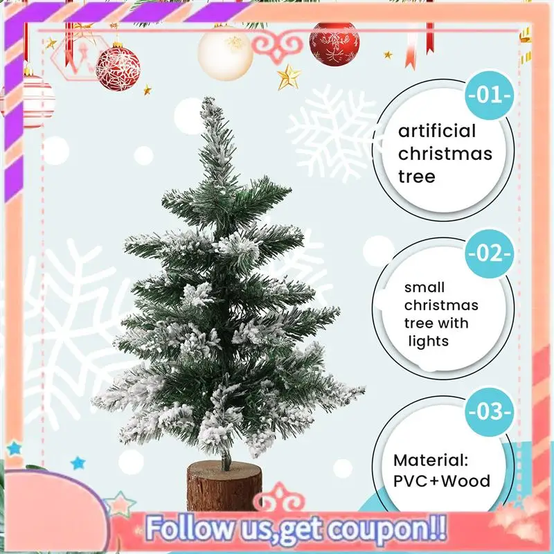 Upgraded Desktop Christmas Tree Snow Flocking Artificial Christmas Tree Mini Christmas Tree With Lamp & Wooden Base