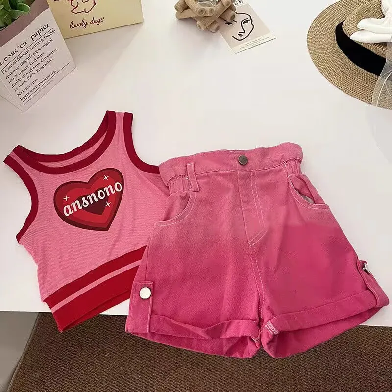 2024 Summer New Kids Girls Letters Cute Stripe Sleeveless Vest + Shorts  Children Fashion Two-pieces Clothing Suits