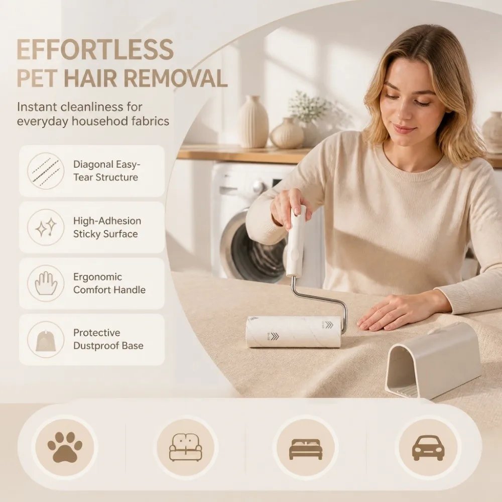 Extra Sticky Lint Roller Easy Peel Reusable Pet Hair Remover 60 Tear/Cut Self-Adhesive Paper Lint Roller Refills Bedding