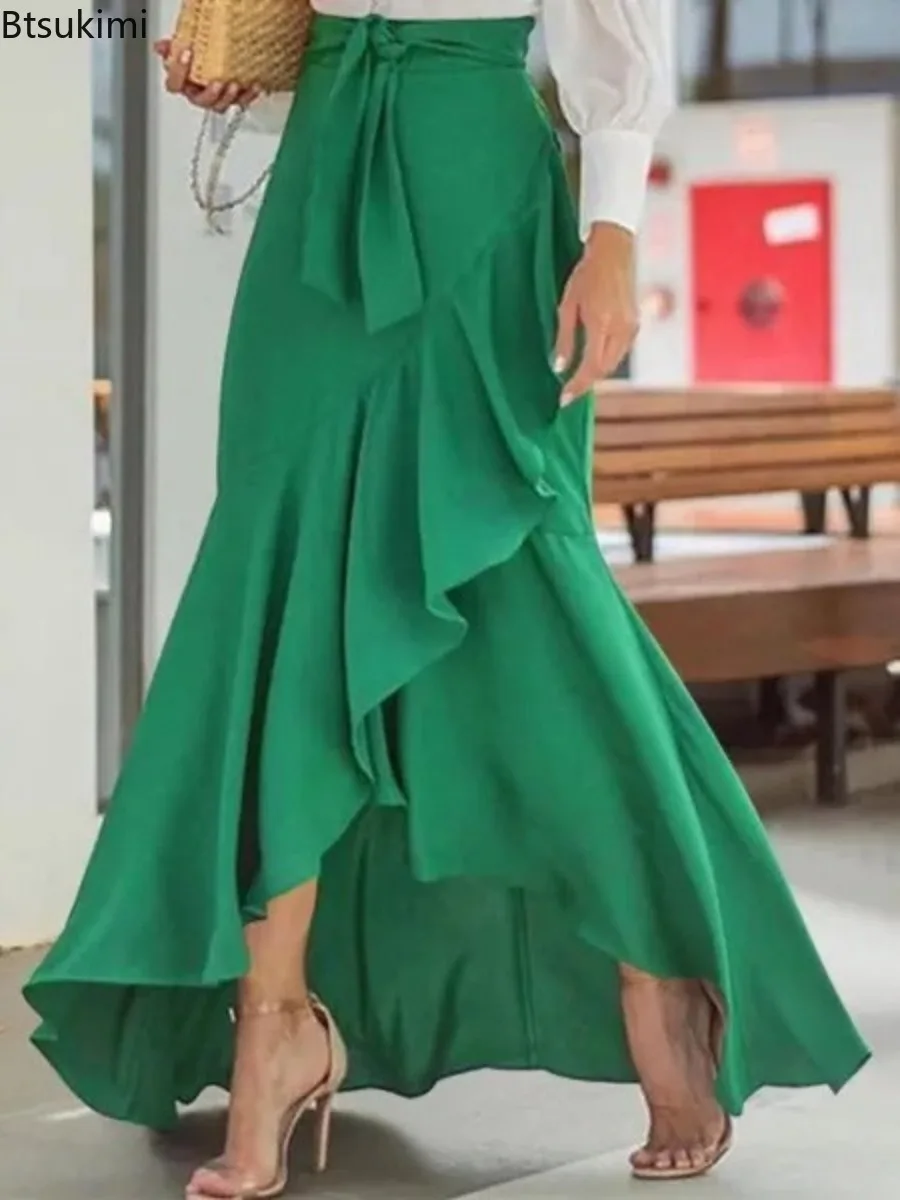 Sexy High Waist Fish Tail Skirt Women's Elegant Half Length Skirt Lace Up Irregular Ruffle Trim Design Office Lady Commute Skirt