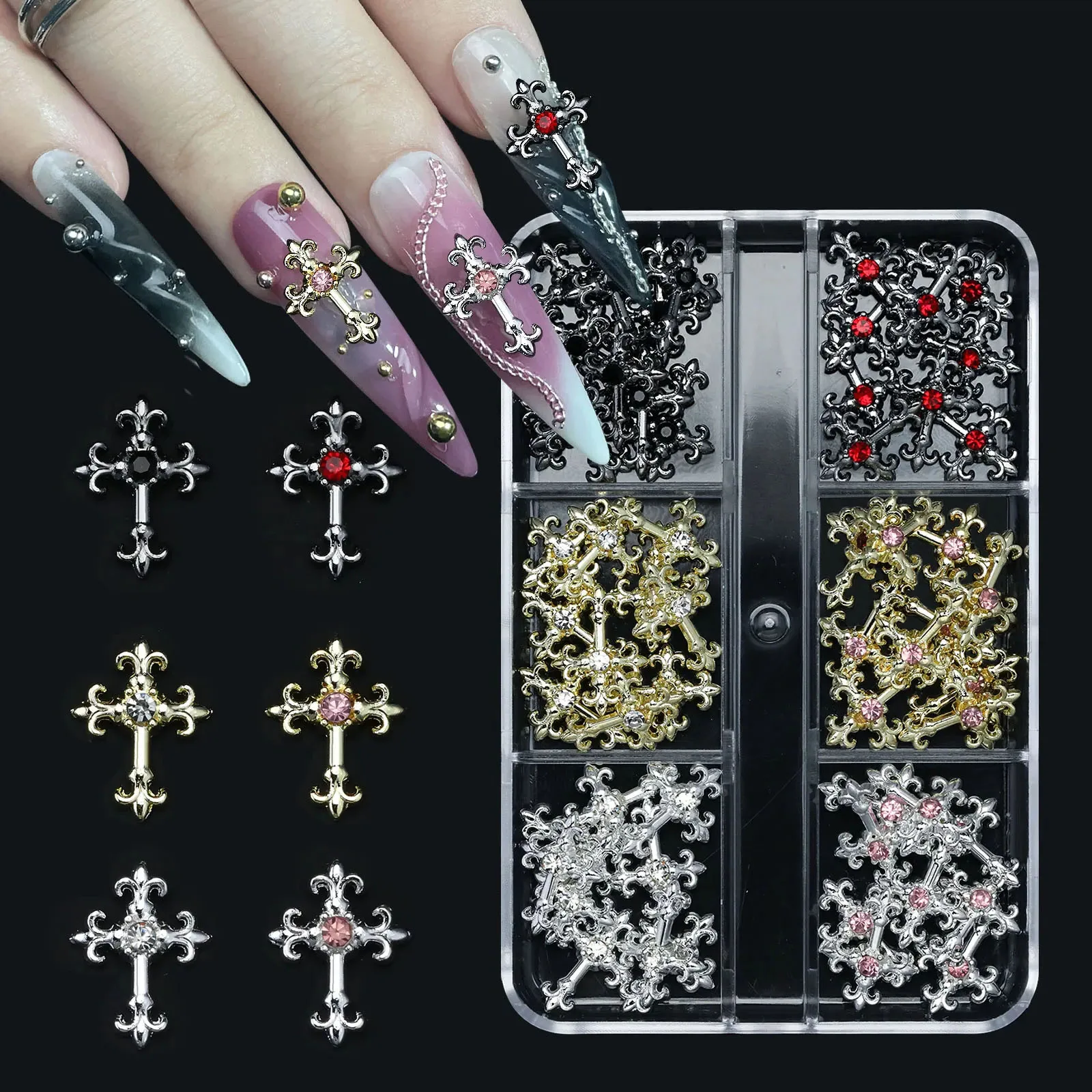 6Grid/Box Retro Gems Cross Nail Art Charms with Rhinestones 48pcs Metal Alloy Cross Nail Gold Silver Halloween Nail Decorations