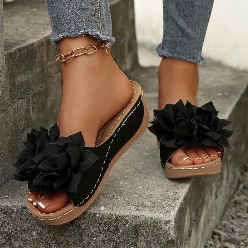 Women 3D Flower Wedge Slide Sandals Open Toe Slip on Platform Mules Summer Casual Beach Outdoor Wedge Heel Slippers view 6