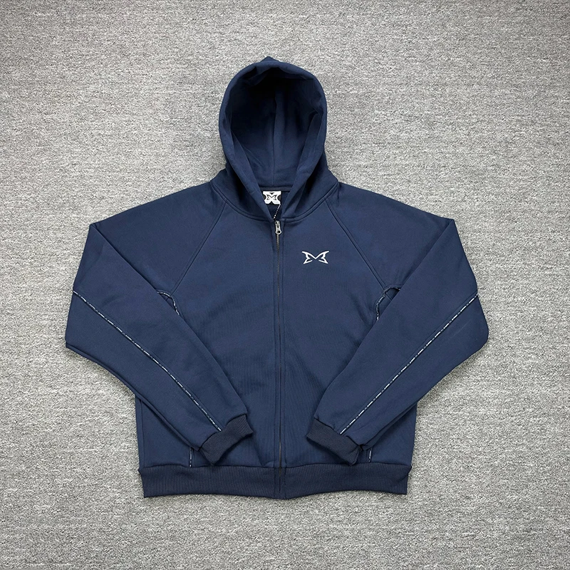 Mertre Men Full Zip Hooded Sweatshirt Embroidery Logo Sleeve Stitch Detail Top