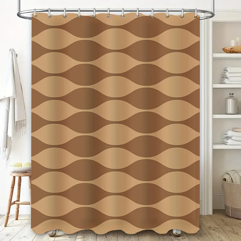 Modern Bath Shower Curtain Set Decorative Waterproof Fabric Neutral Colors Wave Pattern Design for Bathroom Brown Beige (180 x 2