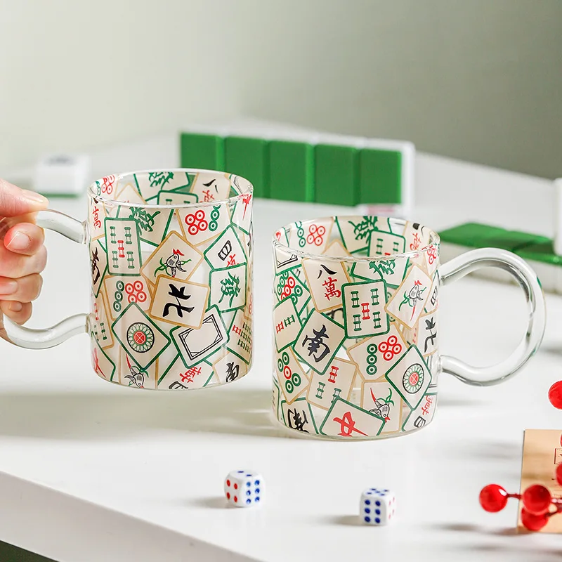 

Creative Glass Mug High Temperature Resistance Personality Cup Chinese Mahjong Pattern Water Cup Milk Coffee Mug Breakfast Cup