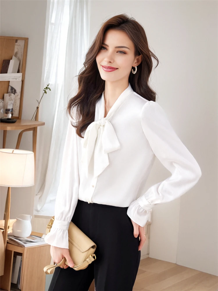 Women\'s Long Flared Sleeves Loose Shirt Elegant and Chic Ribbon Green White Fashion Luxury Blouses High Quality New 2024